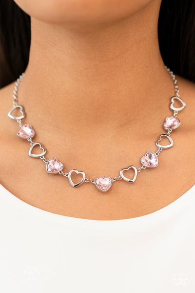 CONTEMPORARY CUPID - PINK HEART GEM SILVER NECKLACE - PAPARAZZI