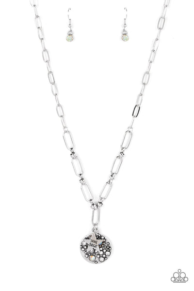 STARDUST SAUCER - WHITE AND IRIDESCENT RHINESTONE STAR "SHINE BRIGHT" STAMPED NECKLACE - PAPARAZZI