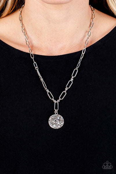 STARDUST SAUCER - WHITE AND IRIDESCENT RHINESTONE STAR "SHINE BRIGHT" STAMPED NECKLACE - PAPARAZZI