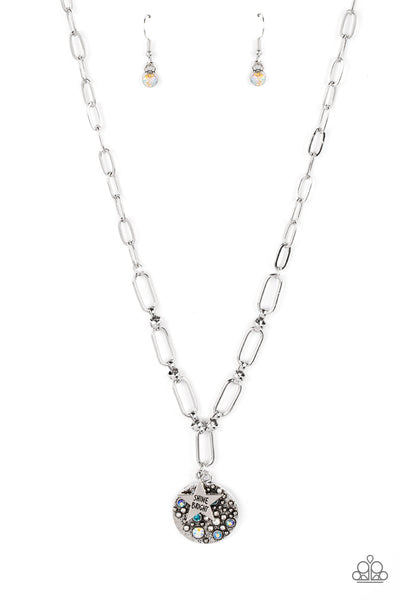 STARDUST SAUCER - BLUE IRIDESCENT RHINESTONE STAR PAPER CLIP NECKLACE - PAPARAZZI
