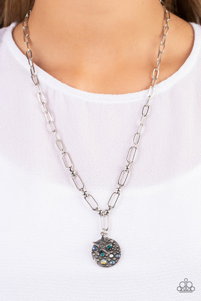 STARDUST SAUCER - BLUE IRIDESCENT RHINESTONE STAR PAPER CLIP NECKLACE - PAPARAZZI
