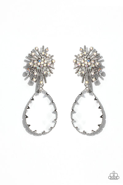 STELLAR SHOOTING STAR - MULTI IRIDESCENT RHINESTONE CLEAR TEARDROP GEM POST EARRINGS - PAPARAZZI