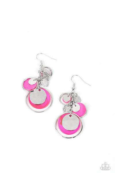  SAVED BY THE SHELL - PINK SHELL SILVER CIRCLE EARRINGS - PAPARAZZI