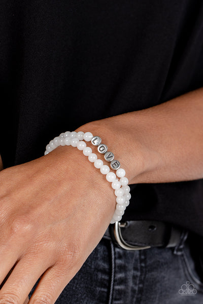 DEVOTED DREAMER - WHITE AND SILVER LOVE BEAD STRETCHY BRACELET - PAPARAZZI