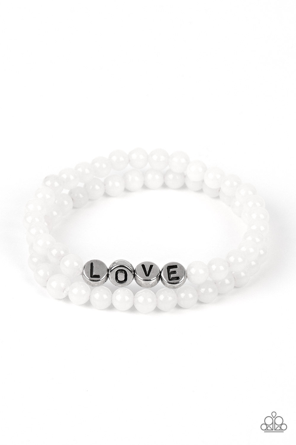 DEVOTED DREAMER - WHITE AND SILVER LOVE BEAD STRETCHY BRACELET - PAPARAZZI
