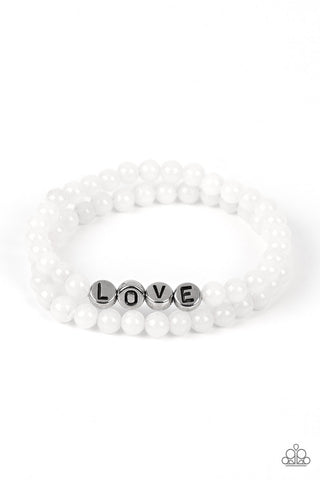 DEVOTED DREAMER - WHITE AND SILVER LOVE BEAD STRETCHY BRACELET - PAPARAZZI