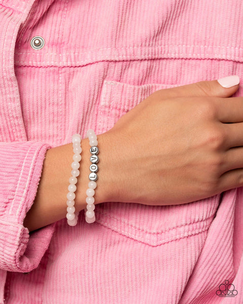 DEVOTED DREAMER - WHITE AND SILVER LOVE BEAD STRETCHY BRACELET - PAPARAZZI