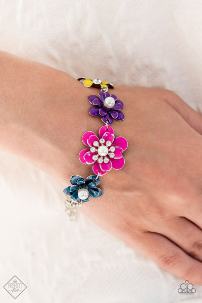 FLOWER PATCH FANTASY - MULTI COLOR FLOWER SILVER BRACELET - PAPARAZZI FASHION FIX SEPTEMBER 2022