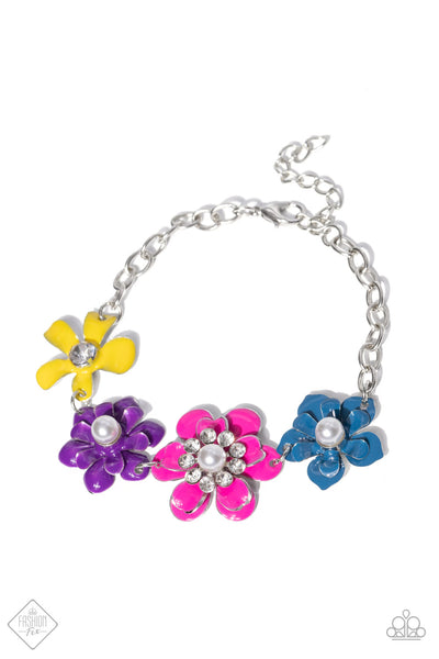FLOWER PATCH FANTASY - MULTI COLOR FLOWER SILVER BRACELET - PAPARAZZI FASHION FIX SEPTEMBER 2022