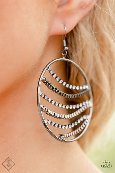 FIGHTING FORTUNE - BLACK GUNMETAL WHITE RHINESTONE BOX CHAIN CIRCLE EARRINGS - PAPARAZZI FASHION FIX NOVEMBER 2022