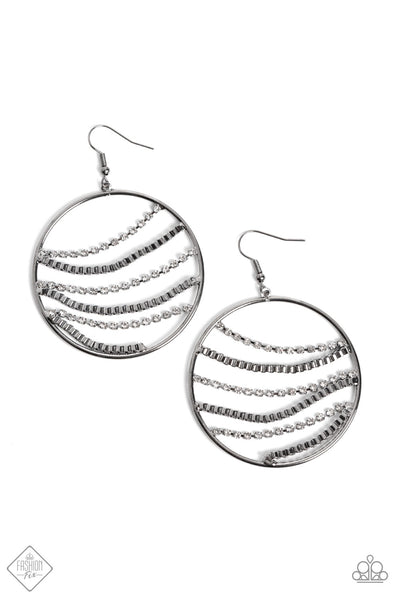 FIGHTING FORTUNE - BLACK GUNMETAL WHITE RHINESTONE BOX CHAIN CIRCLE EARRINGS - PAPARAZZI FASHION FIX NOVEMBER 2022