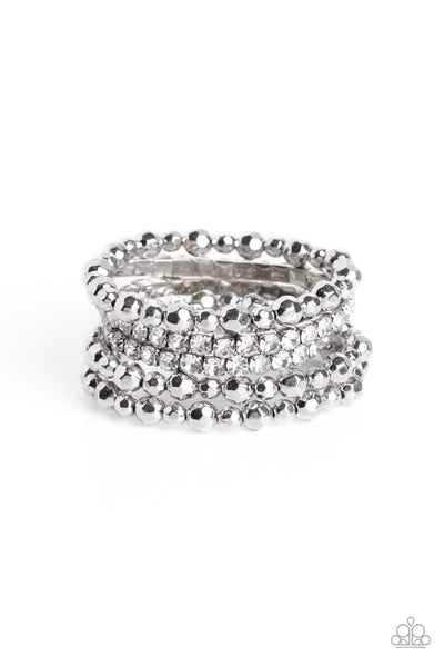 TOP NOTCH TWINKLE - WHITE GEM SILVER STRETCHY BRACELET SET - PAPARAZZI