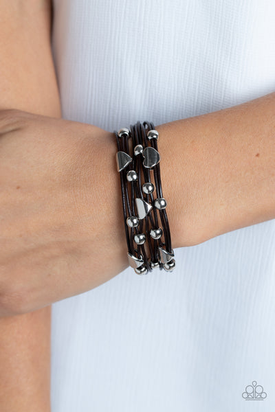 APHRODITE ASCENDING - BROWN CORD SILVER HEART BEAD MAGNETIC BRACELET - PAPARAZZI