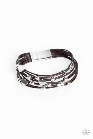 APHRODITE ASCENDING - BROWN CORD SILVER HEART BEAD MAGNETIC BRACELET - PAPARAZZI