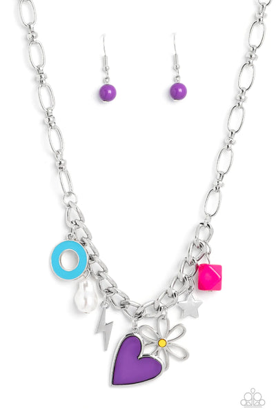 LIVING IN CHARM-ONY - PURPLE HEART STAR FLOWER SILVER CHARM NECKLACE - PAPARAZZI
