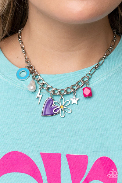 LIVING IN CHARM-ONY - PURPLE HEART STAR FLOWER SILVER CHARM NECKLACE - PAPARAZZI