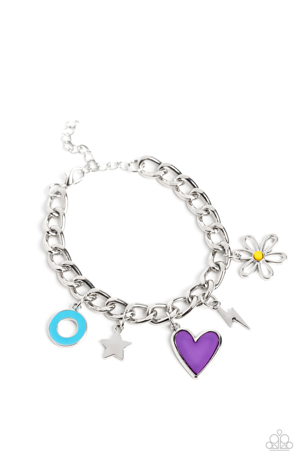 TURN UP THE CHARM - PURPLE HEART FLOWER STAR SILVER CHARM BRACELET - PAPARAZZI