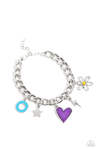 TURN UP THE CHARM - PURPLE HEART FLOWER STAR SILVER CHARM BRACELET - PAPARAZZI
