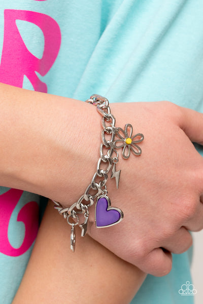 TURN UP THE CHARM - PURPLE HEART FLOWER STAR SILVER CHARM BRACELET - PAPARAZZI