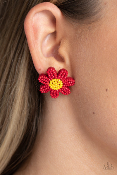 SENSATIONAL SEEDS -RED AND YELLOW SEED BEAD FLOWER POST EARRINGS - PAPARAZZI