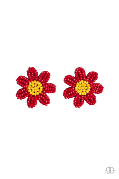 SENSATIONAL SEEDS -RED AND YELLOW SEED BEAD FLOWER POST EARRINGS - PAPARAZZI