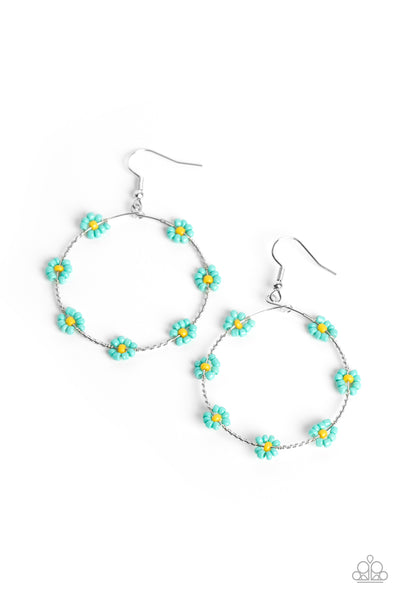 DAINTY DAISIES - BLUE AND YELLOW SEED BEAD FLOWER SILVER CIRCLE EARRINGS - PAPARAZZI