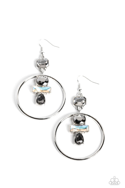 GEOMETRIC GLAM - SILVER SMOKY BLACK AND WHITE GEM SILVER EARRINGS - PAPARAZZI