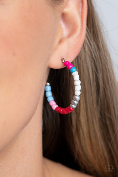 MULTICOLORED MAMBO - PINK MULTI BLUE SEED BEED HOOP EARRINGS - PAPARAZZI