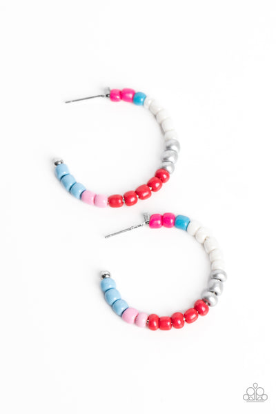MULTICOLORED MAMBO - PINK MULTI BLUE SEED BEED HOOP EARRINGS - PAPARAZZI