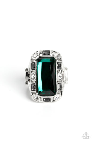 RADIANT RHINESTONES - GREEN GEM SILVER RING - PAPARAZZI
