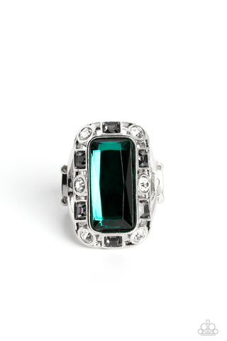 RADIANT RHINESTONES - GREEN GEM SILVER RING - PAPARAZZI