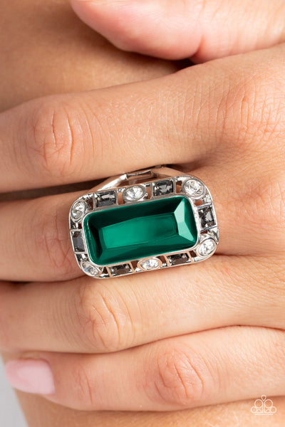 RADIANT RHINESTONES - GREEN GEM SILVER RING - PAPARAZZI