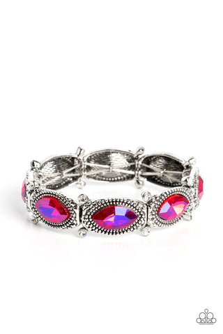 DANCING DIVA - PINK UV SHIMMER IRIDESCENT GEM SILVER STRETCHY BRACELET - PAPARAZZI