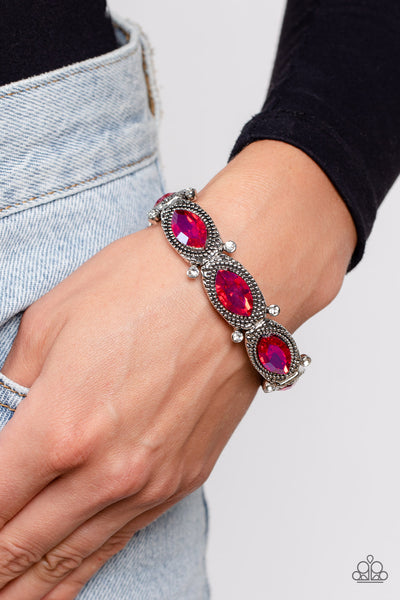 DANCING DIVA - PINK UV SHIMMER IRIDESCENT GEM SILVER STRETCHY BRACELET - PAPARAZZI