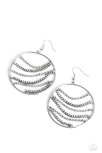 FIGHTING FORTUNE - WHITE RHINESTONE SILVER BOX CHAIN CIRCLE EARRINGS - PAPARAZZI