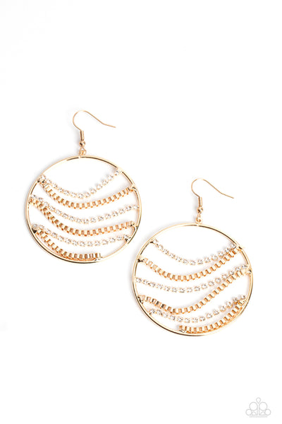 FIGHTING FORTUNE - GOLD RHINESTONE GOLD BOX CHAIN CIRCLE EARRINGS - PAPARAZZI