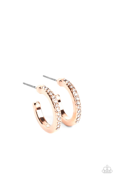AUDACIOUSLY ANGELIC - ROSE GOLD WHITE RHINESTONE TINY HOOP EARRINGS - PAPARAZZI
