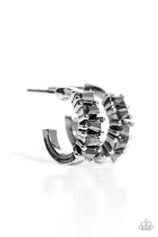 RUGGED ROCKSTAR - SILVER HEMATITE RHINESTONE TINY HOOP EARRINGS - PAPARAZZI