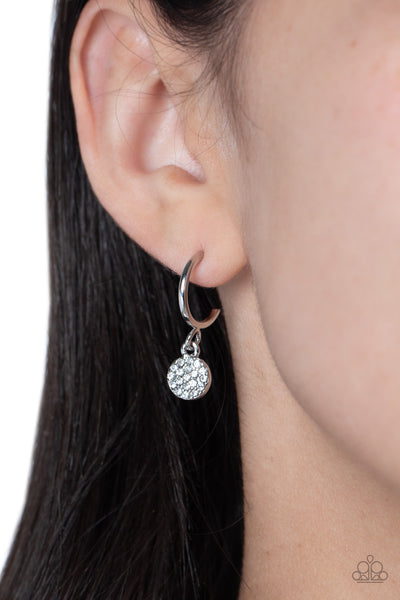 BODACIOUS BALLROOM - WHITE RHINESTONE SILVER TINY HOOP EARRINGS - PAPARAZZI