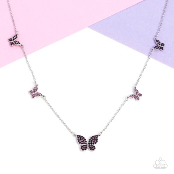FAIRY SPECIAL - PURPLE RHINESTONE SILVER BUTTERFLY SHORT NECKLACE - PAPARAZZI