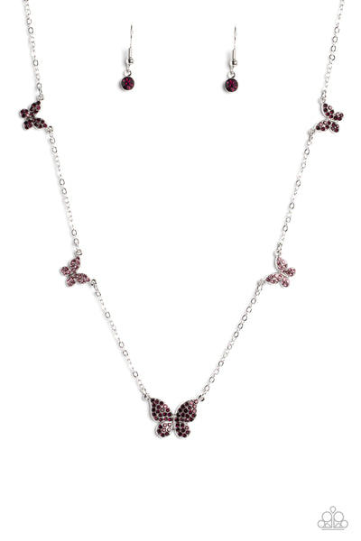 FAIRY SPECIAL - PURPLE RHINESTONE SILVER BUTTERFLY SHORT NECKLACE - PAPARAZZI