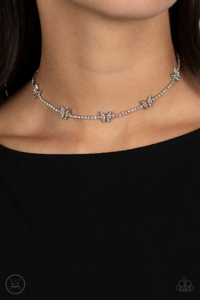 FLUTTERING FANATIC - MULTI IRIDESCENT BUTTERFLY SILVER CHOKER - PAPARAZZI EMP 2023