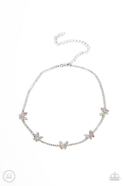 FLUTTERING FANATIC - MULTI IRIDESCENT BUTTERFLY SILVER CHOKER - PAPARAZZI EMP 2023
