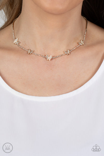 FLUTTERING FANATIC - GOLD BUTTEFLY WHITE RHINESTONE CHOKER NECKLACE - PAPARAZZI
