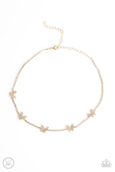 FLUTTERING FANATIC - GOLD BUTTEFLY WHITE RHINESTONE CHOKER NECKLACE - PAPARAZZI