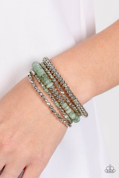 PRISTINE PIXIE DUST - GREEN AND SILVER BEAD STRETCHY BRACELET - PAPARAZZI