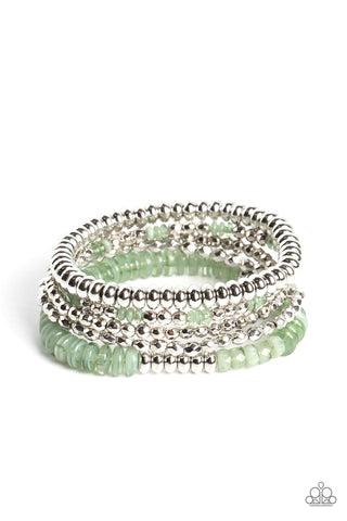 PRISTINE PIXIE DUST - GREEN AND SILVER BEAD STRETCHY BRACELET - PAPARAZZI