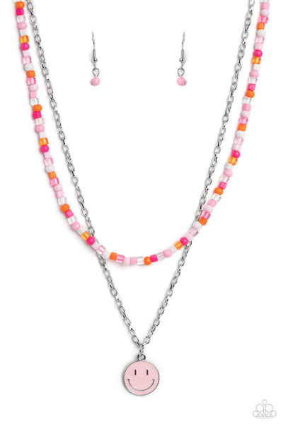 HIGH SCHOOL REUNION - PINK SEED BEAD SMILEY FACE SILVER LAYERED NECKLACE - PAPARAZZI