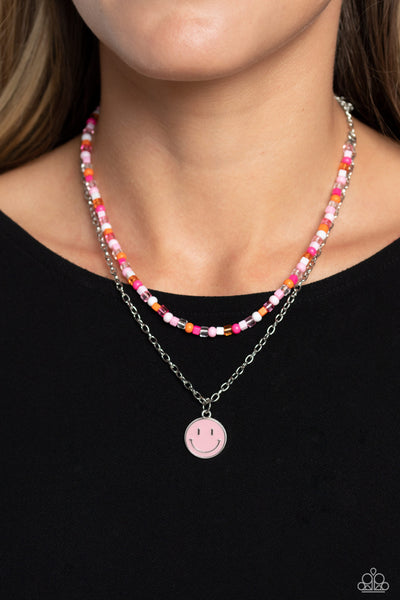HIGH SCHOOL REUNION - PINK SEED BEAD SMILEY FACE SILVER LAYERED NECKLACE - PAPARAZZI