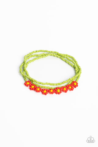 BUZZWORTHY BOTANICALS - RED AND GREEN SEED BEAD STRETCHY BRACELET - PAPARAZZI